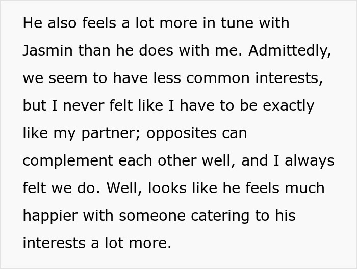 Text excerpt discussing feelings of a woman whose husband feels happier with someone else catering to his interests more.