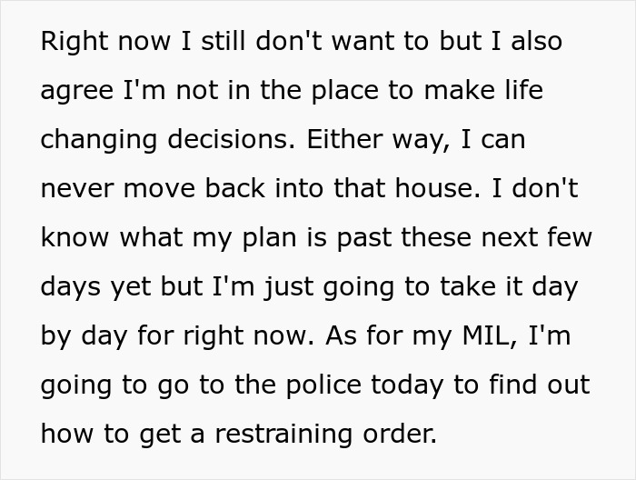 Text excerpt about MIL stealing baby and plans to get restraining order and possibly call police for help. Text excerpt about MIL stealing baby and plans to get restraining order and possibly call police for help.