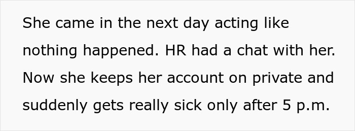 Text excerpt about an employee&rsquo;s behavior after calling in sick, related to bottomless mimosa brunch story.