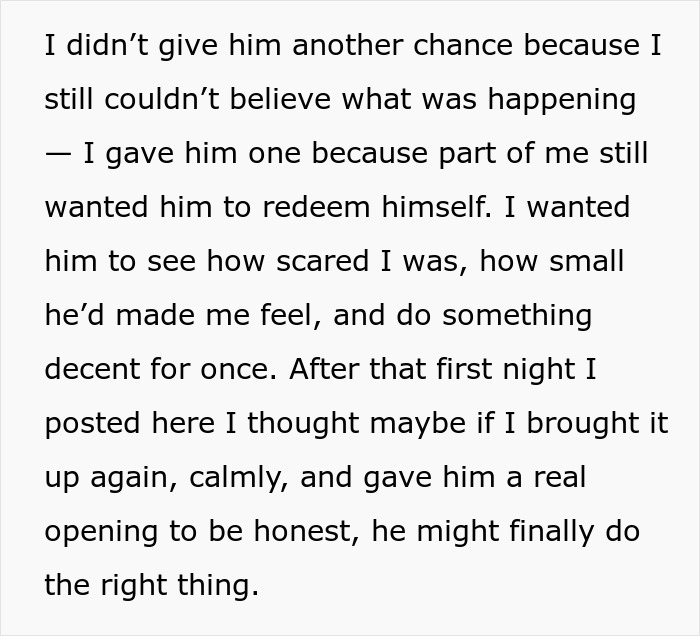Text excerpt from woman suspecting boyfriend messing with her toothbrush, detailing emotional impact and hope for honesty.