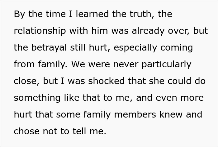 Text about betrayal by cousin involving an affair with her ex, and family urging forgiveness and moving past it.