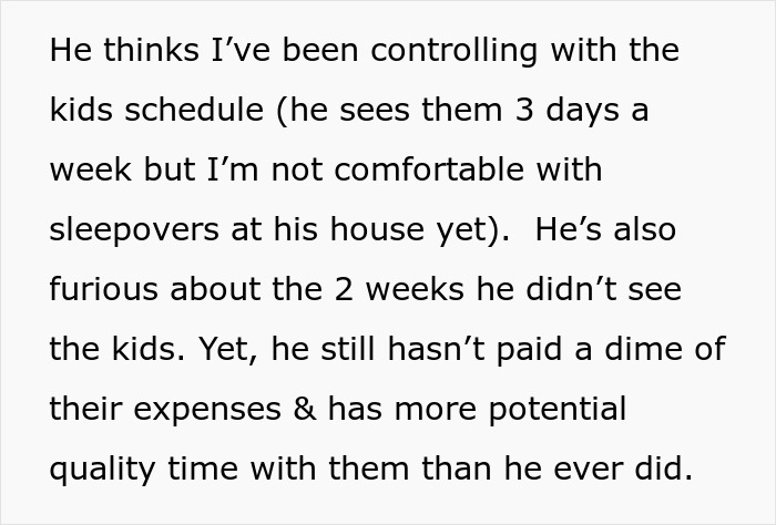 Text excerpt about custody battle and post-partum divorce, showing conflict over child schedule and expenses. Text excerpt about custody battle and post-partum divorce, showing conflict over child schedule and expenses.