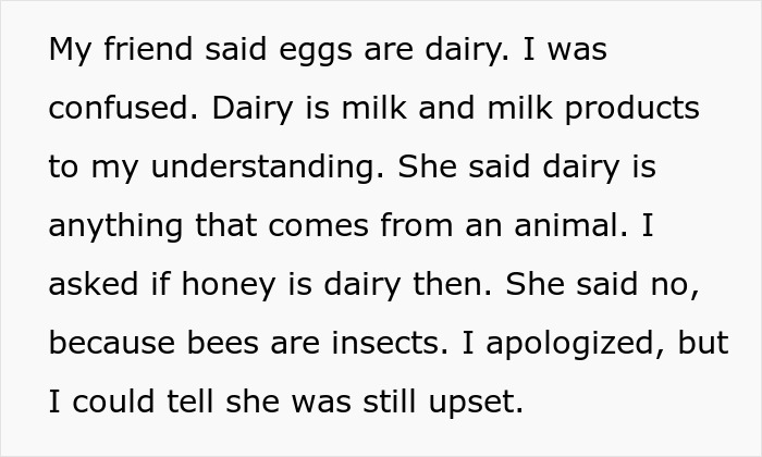 Text discussing confusion over whether eggs are dairy, involving dairy-free cake and differing definitions of dairy products.