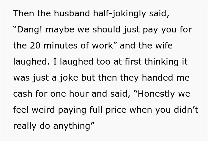 Text excerpt showing a husband joking about paying less after babysitting when the baby falls asleep.