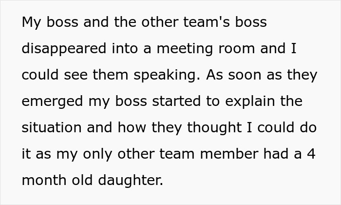 Bosses discussing a risky work nomination because only available team member does not have kids, managing team dynamics.