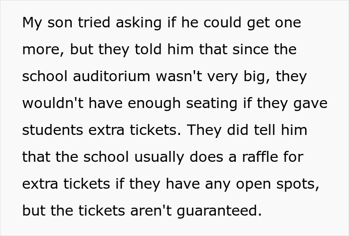 Text excerpt discussing limited graduation tickets and a school raffle, related to stepmom tantrum after teenager invites mom to graduation.