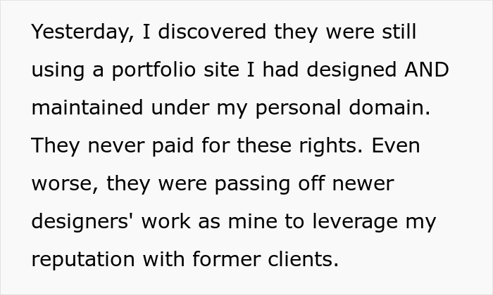 Text excerpt from graphic designer explaining agency stealing portfolio site work and misusing design rights.