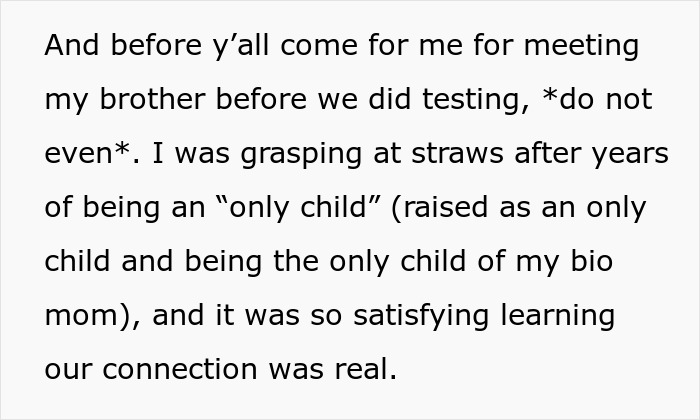 Text excerpt about meeting brother, connecting after years as an only child, touching on trauma and family bond.
