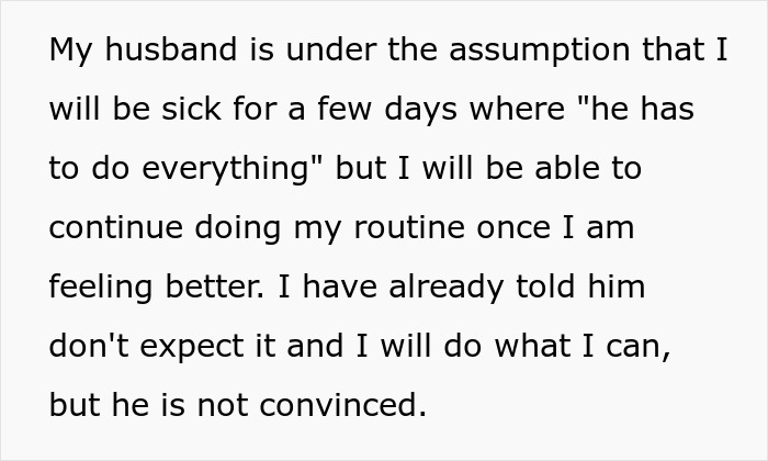Text on white background about a woman with cancer explaining her husband expects her to recover quickly and do chores as usual.