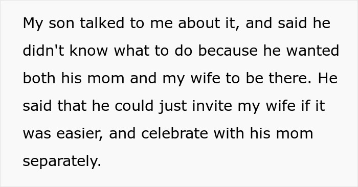 Text excerpt about a teenager wanting both his mom and stepmom at graduation, causing stepmom tantrum.
