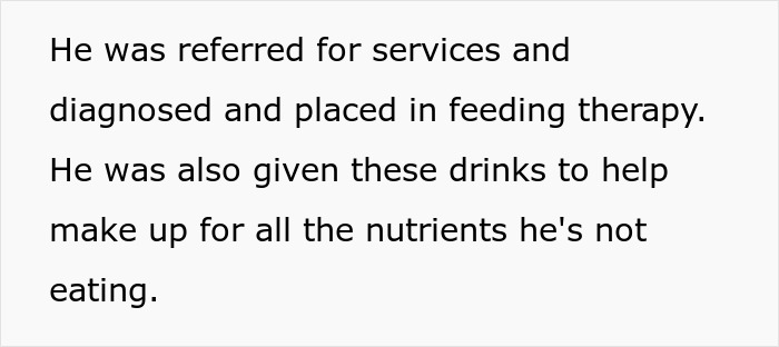 Text about child diagnosed and placed in feeding therapy with nutrient drinks after CPS involvement for starving concerns.