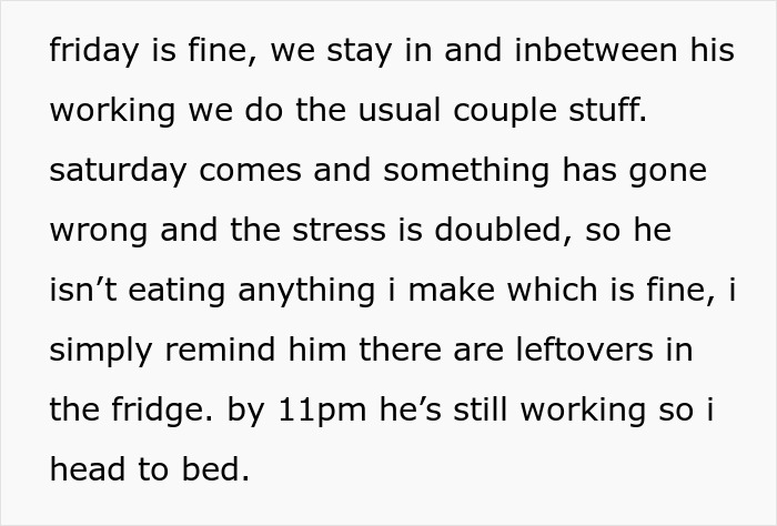Text excerpt showing a late-night stress scenario leading to a guy demanding dinner and a girlfriend breaking up. Text excerpt showing a late-night stress scenario leading to a guy demanding dinner and a girlfriend breaking up.