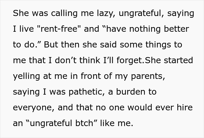 Text excerpt showing a heated family argument after asking to be paid for babysitting niece and nephew.