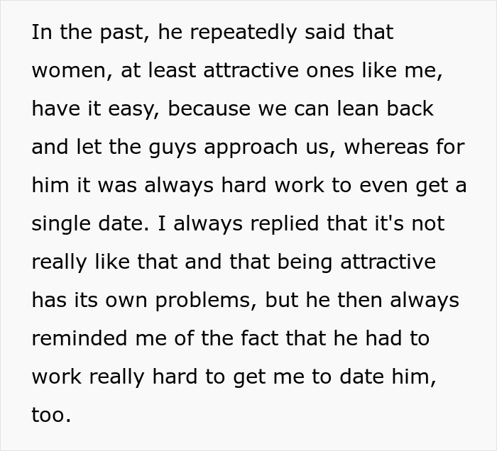 Text excerpt about a woman discussing her husband's perspective on dating and attraction struggles.