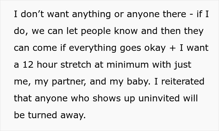 Text excerpt from a daughter explaining her birth plan requesting minimal people during delivery and no uninvited guests.