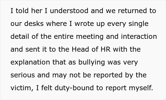 Text excerpt about employee documenting bullying claims and reporting to HR to handle workplace bullying situation.