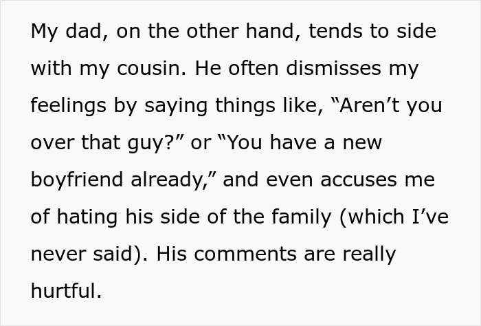 Text excerpt showing family conflict over cousin betraying lady by having affair with her ex, with mixed opinions on forgiveness.