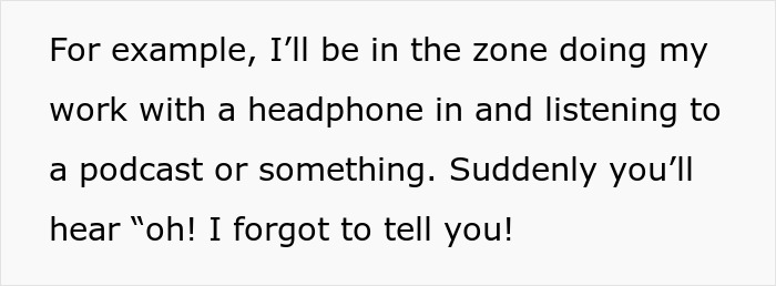 Text excerpt discussing office work with headphones on, highlighting coworker drama and desire for a peaceful 9-to-5.