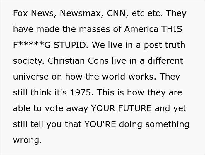 Text excerpt criticizing major news outlets and political views amid a discussion about job security and future prospects.