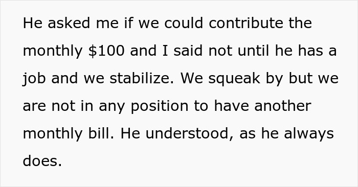 Text excerpt about a wife refusing to support husband's mom after he loses job, highlighting family conflict and financial strain.
