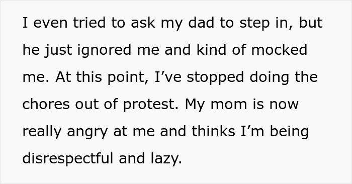 Text showing a woman boycotting chores at sexist parents' house until her brothers help clean in protest against unfair gender roles. Text showing a woman boycotting chores at sexist parents' house until her brothers help clean in protest against unfair gender roles.