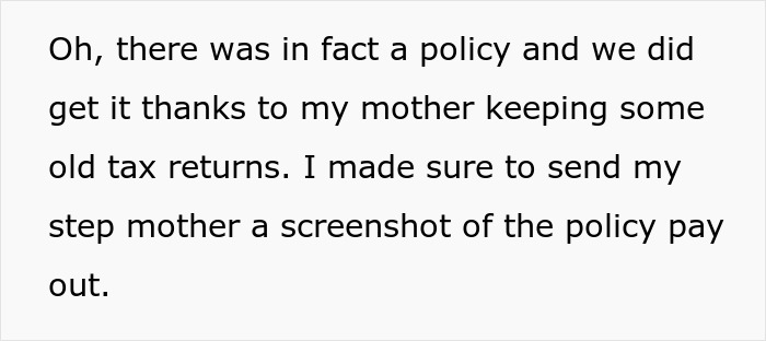 Text excerpt discussing a policy and sending a stepmother a screenshot of the policy payout related to a stepmom dispute.