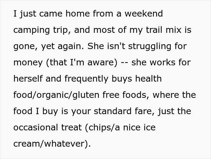 Text excerpt showing a middle-aged woman with a shopping habit stealing roommate&rsquo;s food, causing frustration.