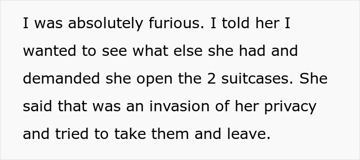 Text excerpt about demanding to check brother’s girlfriend’s bags described as invasion of privacy and conflict at home. Text excerpt about demanding to check brother’s girlfriend’s bags described as invasion of privacy and conflict at home.