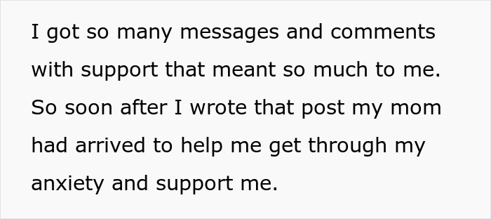 Text about receiving support from messages and comments, mentioning anxiety and help from mom after a post. Text about receiving support from messages and comments, mentioning anxiety and help from mom after a post.