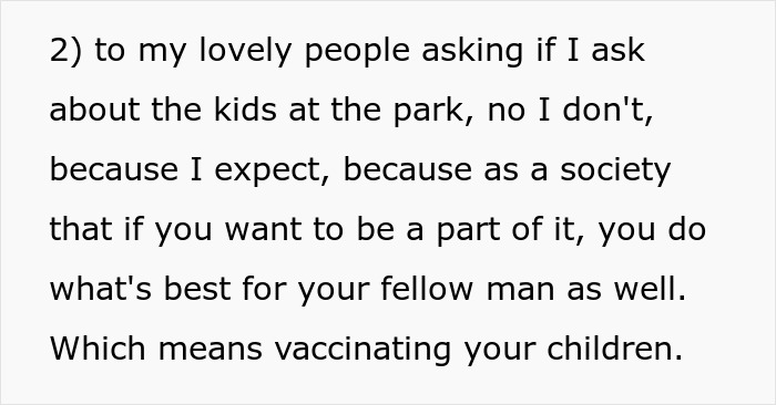 Text excerpt highlighting a pregnant anti-vaxxer learning consequences as best friend opts out of future playdates.