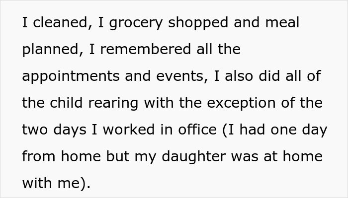 Text excerpt about managing household, child rearing, and appointments, relating to AITAH for leaving husband refusing child help. Text excerpt about managing household, child rearing, and appointments, relating to AITAH for leaving husband refusing child help.