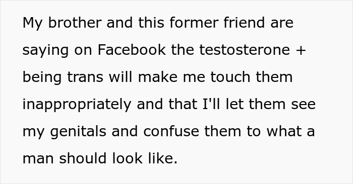 Text screenshot showing a man discusses threats from brother and ex-friend to call police because he&rsquo;s trans.