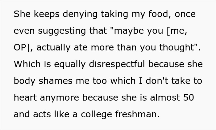 Middle-aged woman with a shopping habit denies stealing roommate&rsquo;s food while causing tension over disrespect and body shaming.