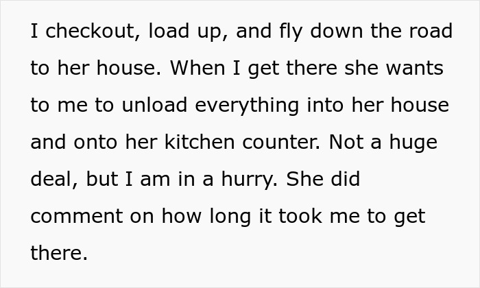 Text excerpt from a story about a grocery Karen refusing to pay for extra items and demanding the shopper cover the bill.