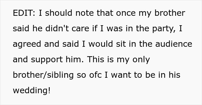 Text excerpt about a woman supporting her brother at wedding despite not wearing a wig as requested. Text excerpt about a woman supporting her brother at wedding despite not wearing a wig as requested.