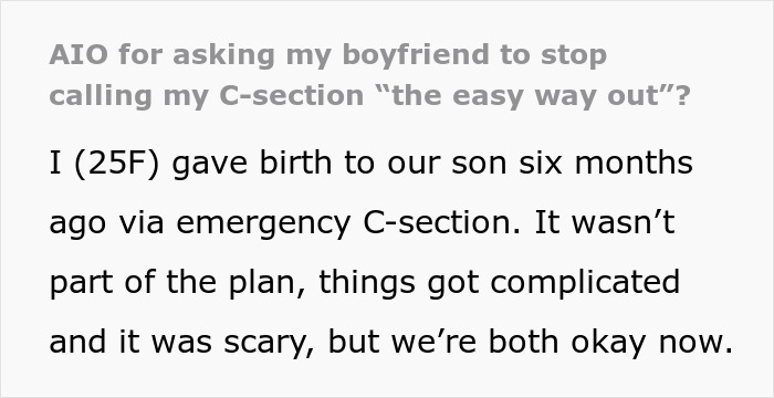 Text excerpt from a woman sharing her traumatic emergency C-section birth experience and boyfriend's reaction.
