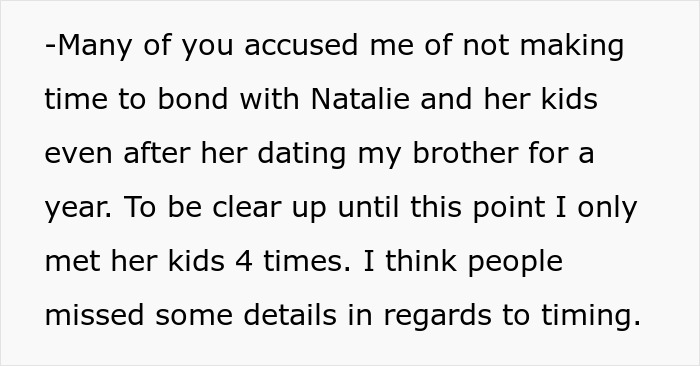 Text excerpt about bonding challenges with brother's girlfriend and her kids, discussing family dynamics and expectations.