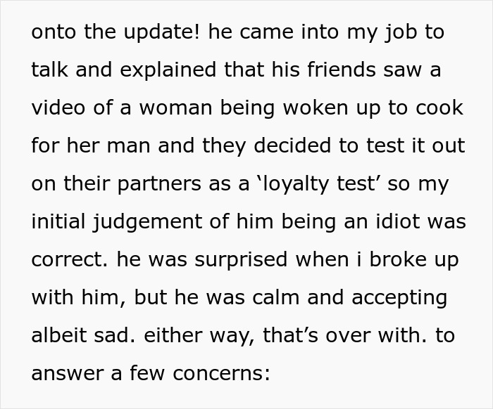 Text excerpt of a story about a guy demanding dinner late at night and his girlfriend breaking up with him instead. Text excerpt of a story about a guy demanding dinner late at night and his girlfriend breaking up with him instead.