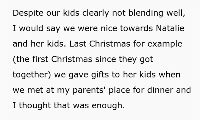 Text excerpt discussing treating brother's girlfriend&rsquo;s kids differently from own kids during family gatherings.