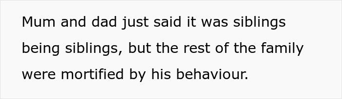 Text on a white background stating siblings being siblings while the family is mortified by the bully brother's behavior.