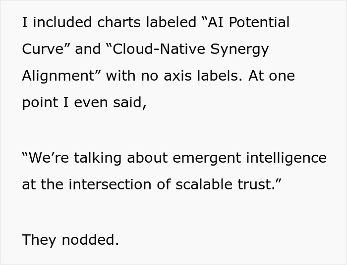 Text excerpt showing a worker being told to start a new project despite being fired, agreeing without intent to do it.