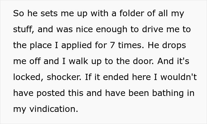 Text excerpt about applying for a job multiple times and facing locked doors at a physical office location.