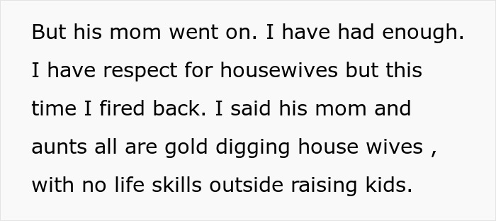 Text excerpt showing a woman confronting her mother-in-law, calling her a gold digging housewife with no life skills.