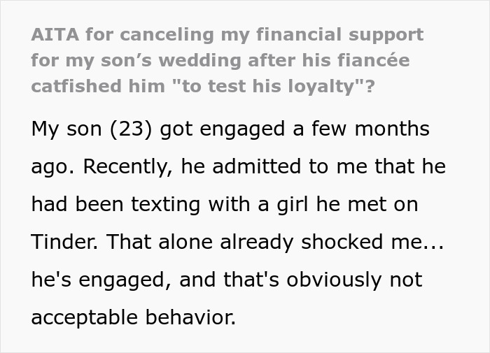 Excerpt from a story about wedding drama after groom fails fianc&eacute;e loyalty test and parents withdraw financial support.