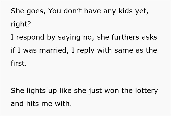 Text excerpt discussing a distant cousin wanting financial support for her wedding due to being single with no kids.