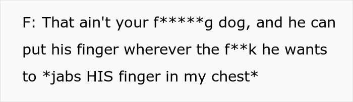 Text showing a heated confrontation as a dog almost gets stolen by kids at a park and the owner tries to stop them.