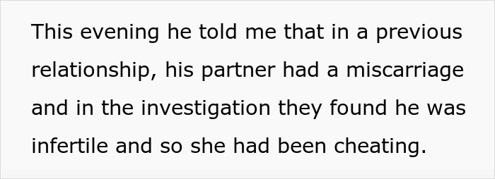 Text excerpt discussing a man revealing infertility and past partner’s miscarriage, linked to paternity test conflict. Text excerpt discussing a man revealing infertility and past partner’s miscarriage, linked to paternity test conflict.