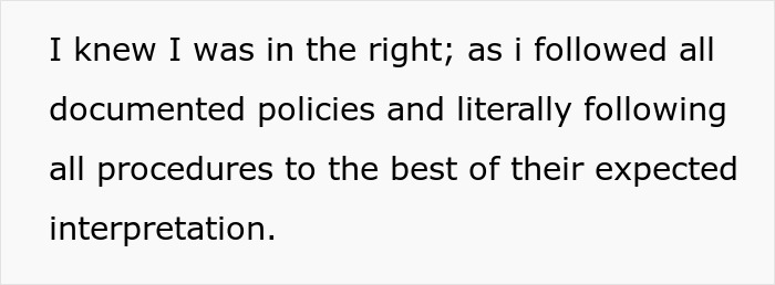 Text excerpt showing a person stating they followed all documented policies and procedures precisely in a medical facility.