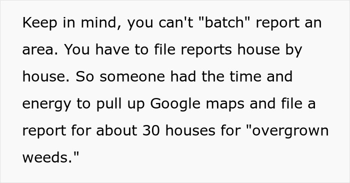 Text snippet explaining overgrown weeds report filed for multiple houses as part of an annoying neighbor complaint.