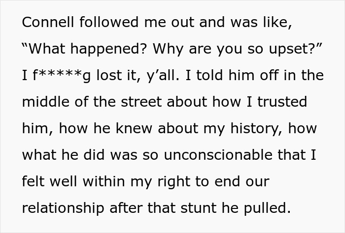 Text excerpt describing a woman confronting her boyfriend after he forces her to hold a newborn, triggering past trauma.